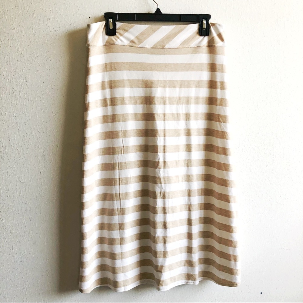 Athleta Skirt Ribbon Stripe Faux Wrap Midi Skirt Tan & Cream Sz M GUC - Picture 8 of 12